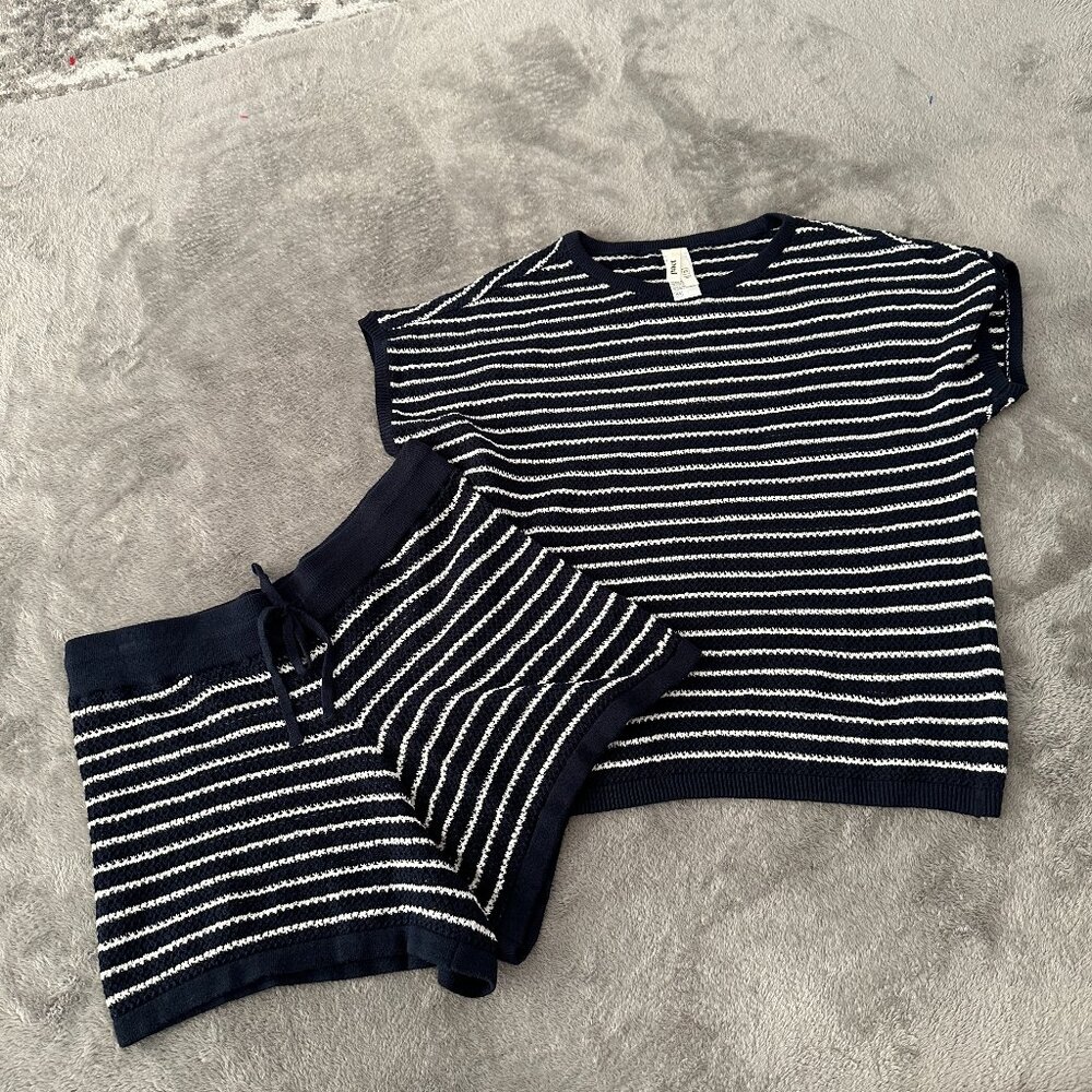 Pact Navy and White Striped Knit Pajama Set